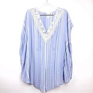 Wearabouts Striped V-Neck Lace Trim Tunic Top SM